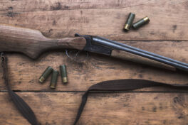 Shotgun with cartridges on a wooden background